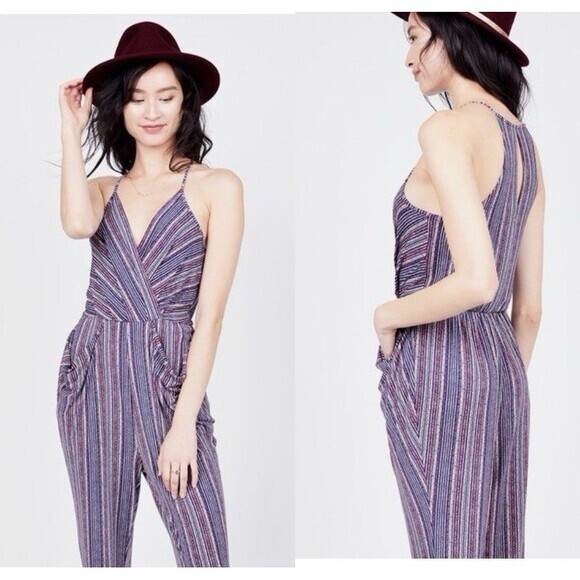 BCBGeneration Jumpsuit Women M Crossover V-neck Draped Pocket Striped Boho Beach - Picture 1 of 16